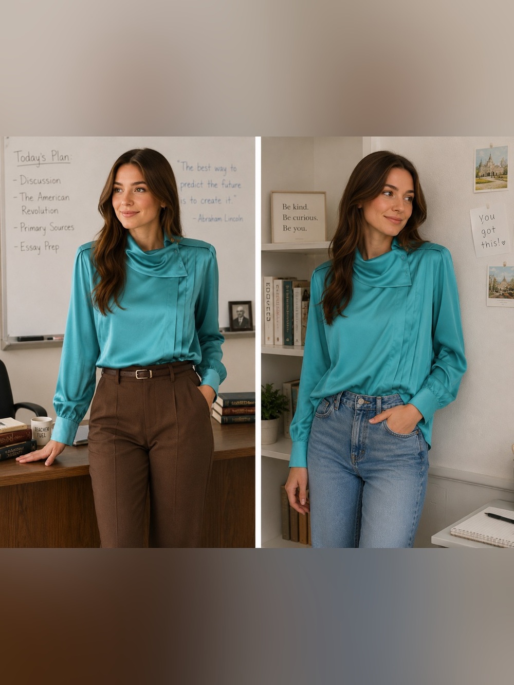 Dalton Vintage Teal Pleated Satin Blouse